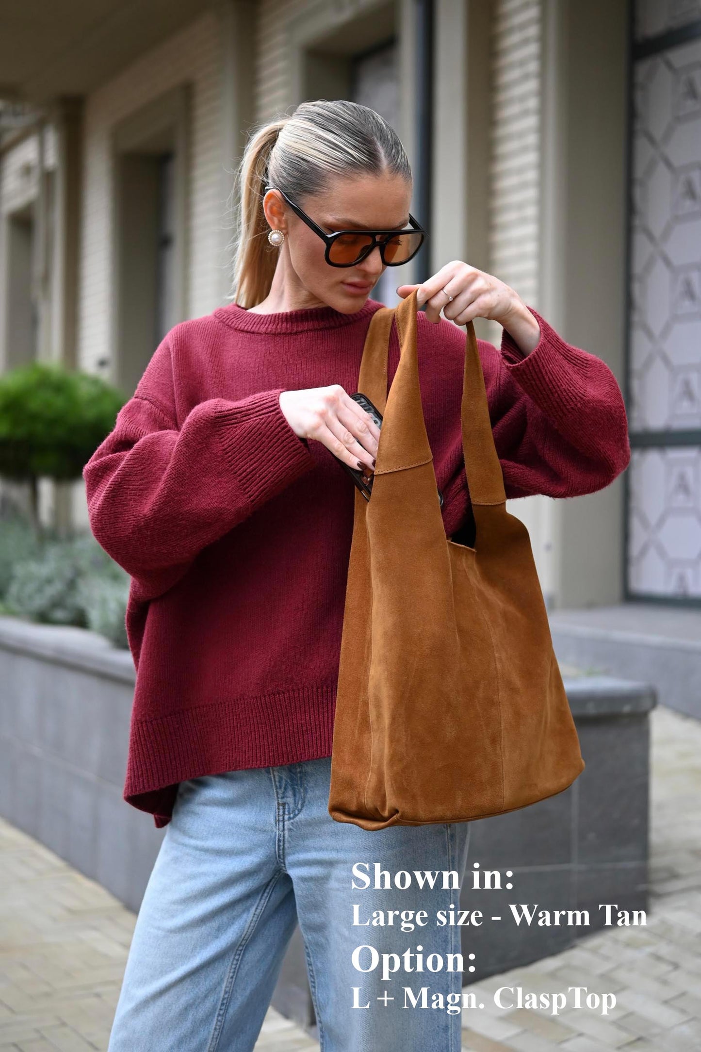 Large Suede Hobo Bag - Slouchy Shoulder Tote in Warm Tan