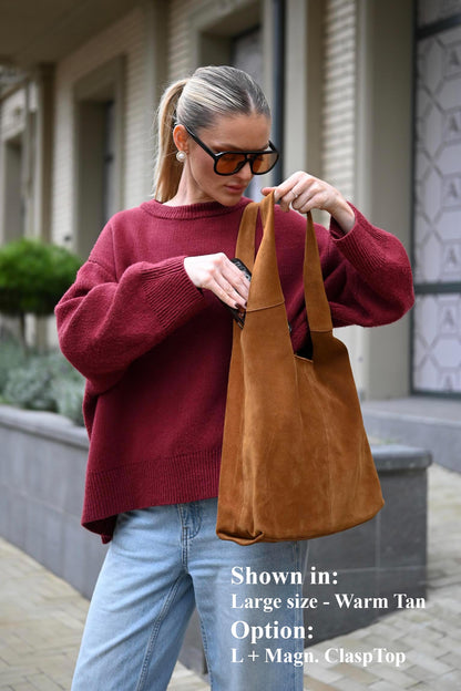 Large Suede Hobo Bag - Slouchy Shoulder Tote in Warm Tan