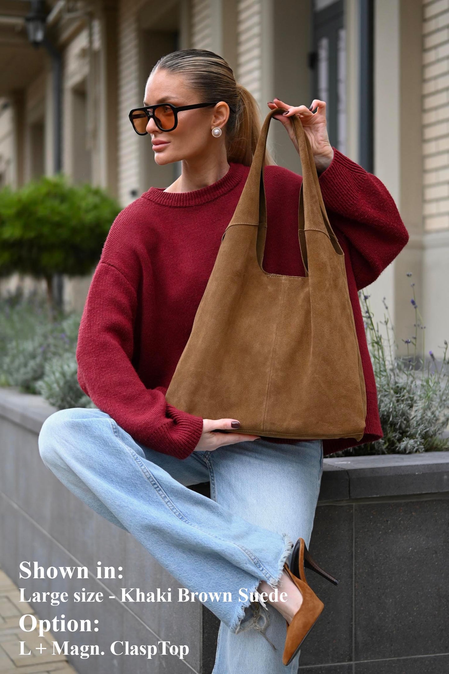 Large Suede Hobo Bag - Slouchy Shoulder Tote in Khaki Brown