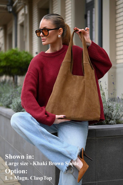 Large Suede Hobo Bag - Slouchy Shoulder Tote in Khaki Brown