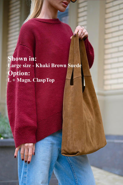 Large Suede Hobo Bag - Slouchy Shoulder Tote in Khaki Brown