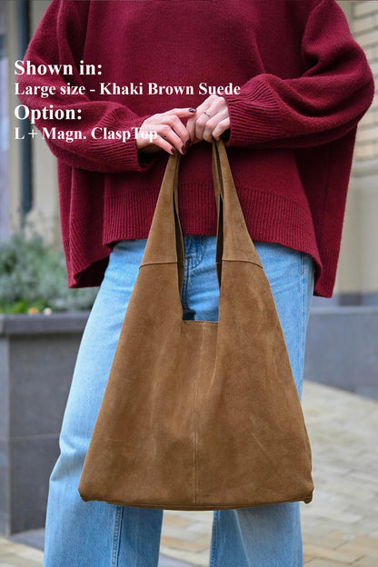 Large Suede Hobo Bag - Slouchy Shoulder Tote in Khaki Brown