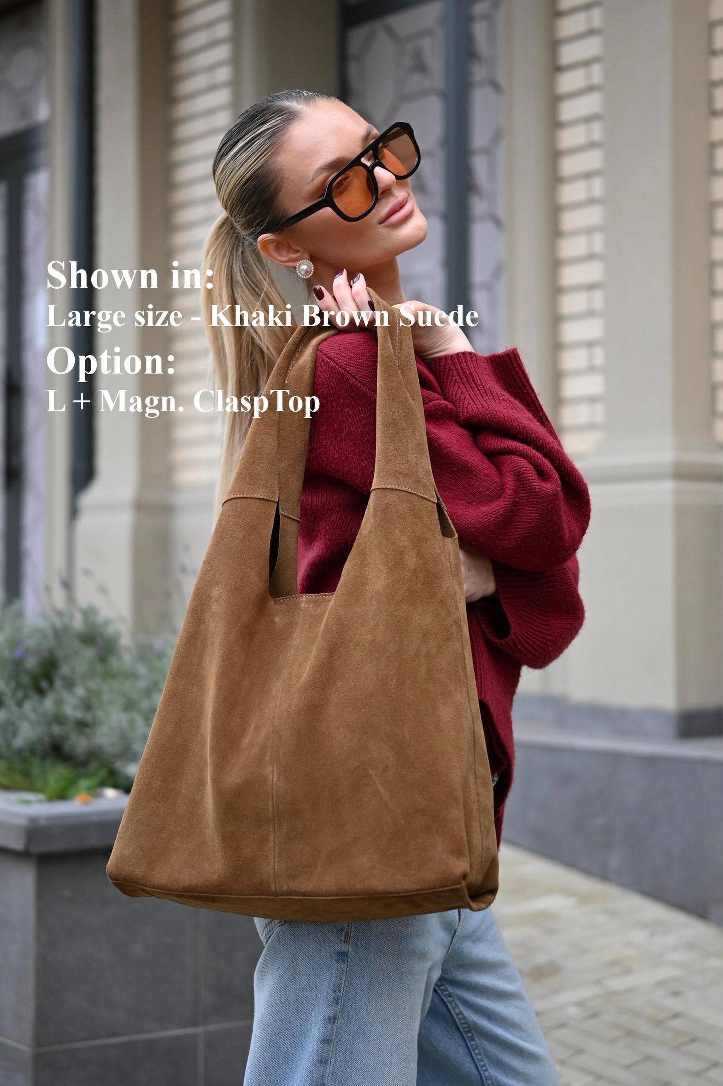 Large Suede Hobo Bag - Slouchy Shoulder Tote in Khaki Brown
