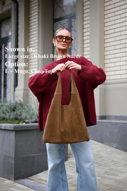 Large Suede Hobo Bag - Slouchy Shoulder Tote in Khaki Brown