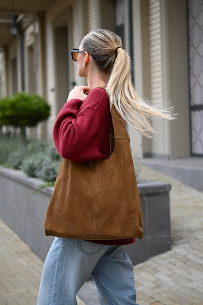 Large Suede Hobo Bag - Slouchy Shoulder Tote in Khaki Brown