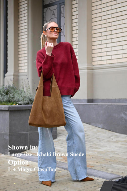 Large Suede Hobo Bag - Slouchy Shoulder Tote in Khaki Brown
