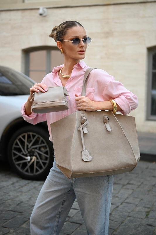 Mushroom Suede & Leather Large Tote Bag