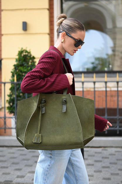 Forest Olive Suede & Leather Large Tote Bag