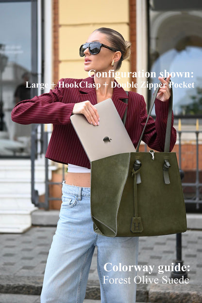 Forest Olive Suede Large Tote Bag