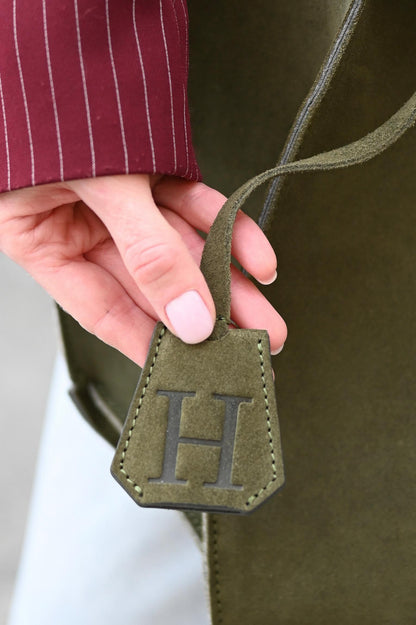 Suede Initial Bag Charm - Forest Olive Clochette Design No.06