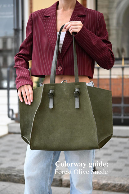 Forest Olive Suede Large Tote Bag
