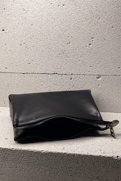 Black Smooth Leather Toiletry Bag - Classic Rectangular Travel Pouch