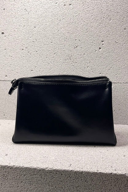 Black Smooth Leather Toiletry Bag - Classic Rectangular Travel Pouch
