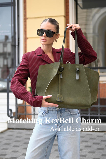 Forest Olive Suede Large Tote Bag