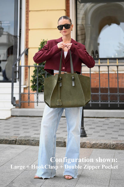 Forest Olive Suede Large Tote Bag