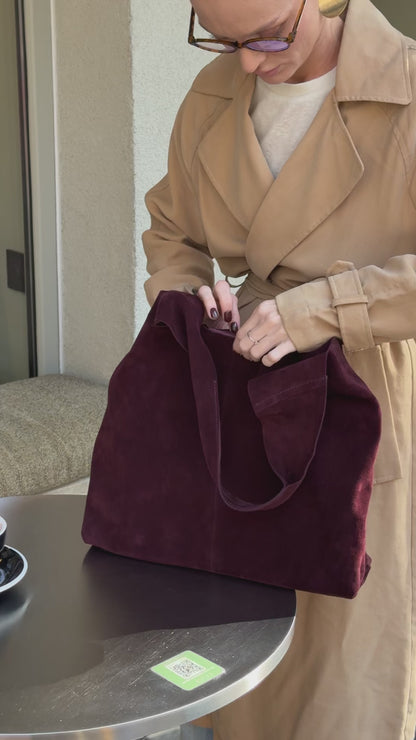 Large Suede Hobo Bag - Slouchy Shoulder Tote in Merlot