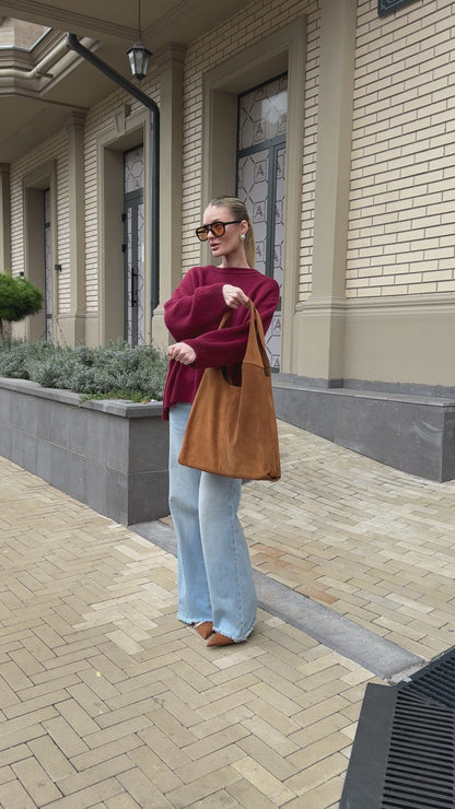 Large Suede Hobo Bag - Slouchy Shoulder Tote in Warm Tan