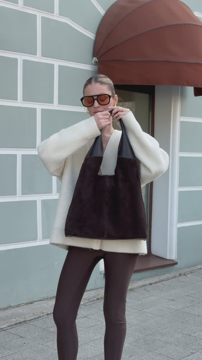 Large Suede & Leather Hobo Bag - Slouchy Shoulder Tote in Mahogany Mix