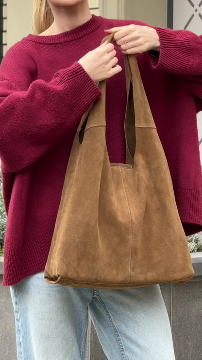 Large Suede Hobo Bag - Slouchy Shoulder Tote in Khaki Brown
