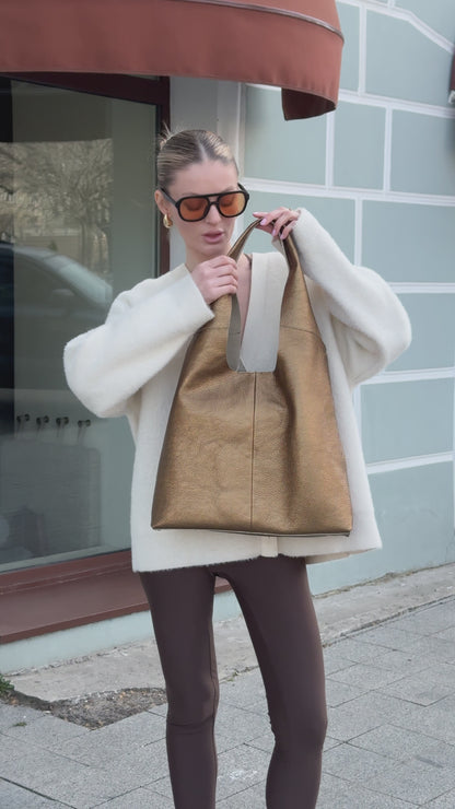 Large Pebbled Leather Hobo Bag - Slouchy Shoulder Tote in Bronze