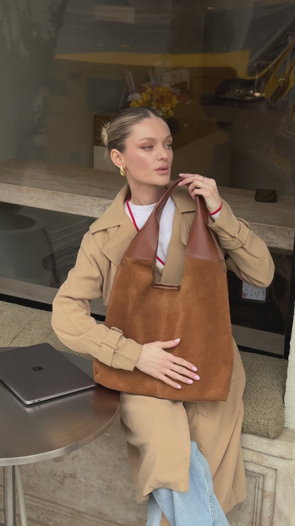 Large Suede & Leather Hobo Bag - Slouchy Shoulder Tote in Warm Tan Mix