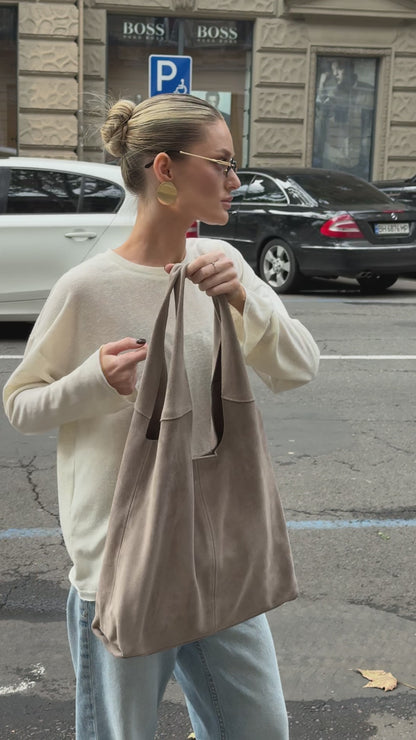 Large Suede Hobo Bag - Slouchy Shoulder Tote in Mushroom