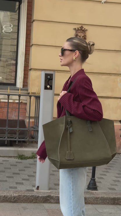 Forest Olive Suede Large Tote Bag