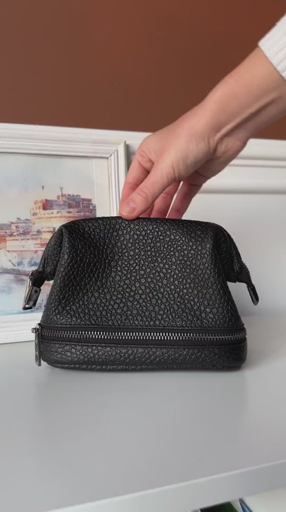 Black Pebbled Leather Dopp Kit - Textured Travel Toiletry Bag for Men & Women